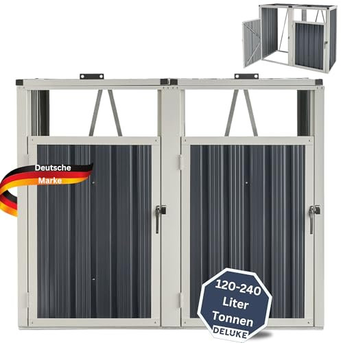 DELUKE® 2er Mülltonnenbox OSEO verzinkter Stahl - für 120-240L Tonnen| 2er Mülltonnenverkleidung für 2 Tonnen 240L Müllbox aus Metall Mülltonnenschutz Mülltonnendach Mülltonnenhaus | Anthrazit