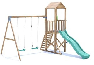 Dunster House SquirrelFort Wooden Climbing Frame – Double Swing Set with Slide, High Platform & Ladder, Fun Outdoor Play for Kids