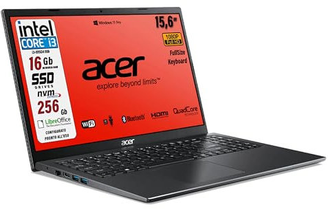 acer Notebook CPU Intel Core i3 1115G4, Display FHD LED Antiriflesso 15,6 RAM 16 Gb DDR4, SSD 256 GB, Wi-Fi, Webcam, Win 11Pro, Libre Office, Pronto all'Uso