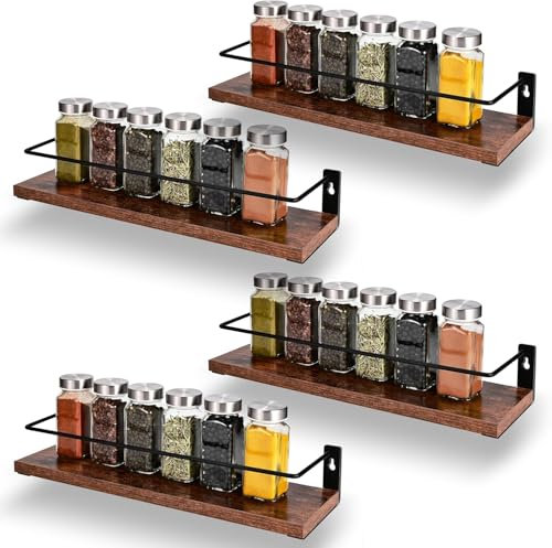 Miorkly 4er Wandregal Ohne Bohren (40x9.5x7CM),Schweberegal,Akazien Holz Schrank für Wohnzimmer, Küche, Arbeitszimmer, Badezimmer, vintagebraun