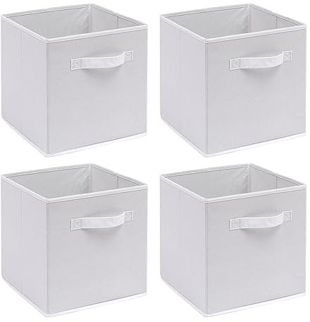 Homullel Foldable Storage Cubes Set of 4, Fabric Storage Boxes Set, Closet Storage Drawers Storage Organizer for Clothes (Band, White)