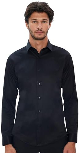 Men's Slim Fit Button-Down Cotton Long Sleeve Dress Black Shirt - Ideal for Smart Casual & Formal Wear Size M