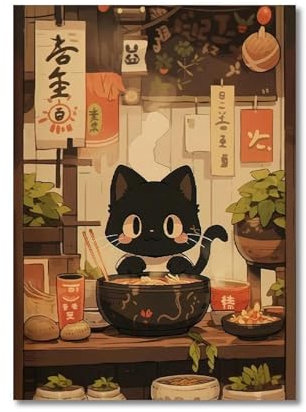 RONGCH Wandbilder auf Leinwand Kawaii Japanische Ramen Tier Katze Leinwand Drucke Gemälde Home Decor Nudeln Essen Wand Kunst Poster Küche Zimmer Dekoration(H,50x70cm)