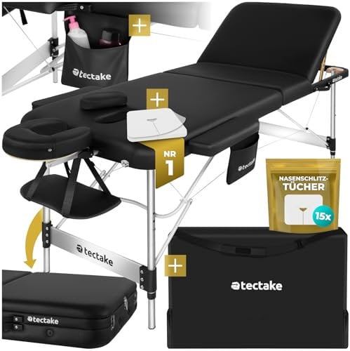 tectake® 3-Zone Massage Table with Sturdy Aluminium Frame, Foldable Massage Bed with Thick Foam Padding, Oil- & Water-Resistant Cover, Adjustable Spa & Beauty Bed, Incl. Carry Bag & Face Masks - Black