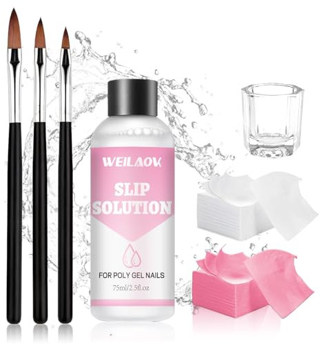 WEILAOK Slip Solution 75ml, Slip Solution for Magic Extender Gel, Polygel Slip Solution, Contains 3 Brushes, 1 Crystal Cup, 100 Cleaning Sheets, Suitable for All Types of Nail Extension Gel