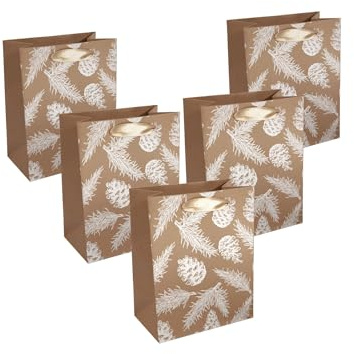 Sigel GT131/5 mittelgroße Premium Geschenktüten aus Papier, 5er Set, braun/weiß, mit Seidenbandgriffen, 18 x 23 x 10 cm, Pine cones and pine branches, Papier-Geschenktaschen Weihnachten