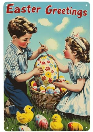 Ostern Blechschild - Schild Easter Greetings - Wanddekoration Im Vintage-Stil, Als Ostern Accessoires Für Partyraum, 20 X 30cm