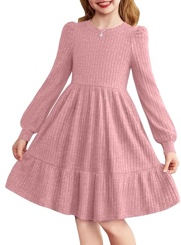 Arshiner Robe Décontractée Fille Robe Élégante à Manches Longues, Col Rond, Tricot Côtelé A-Ligne, Robe Unie Hiver pour Cérémonie et Casual, 6-14 Ans