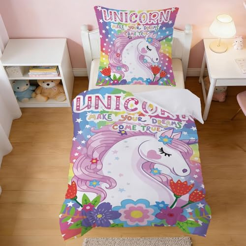 Snugoria Bettwäsche 135x200 für Kinder Mädchen, Bunt Einhorn Motiv Kinderbettwäsche mit Reißverschluss, Weich Mikrofaser 2-teiligs Bettbezug und 1 Kissenbezug 80X80cm