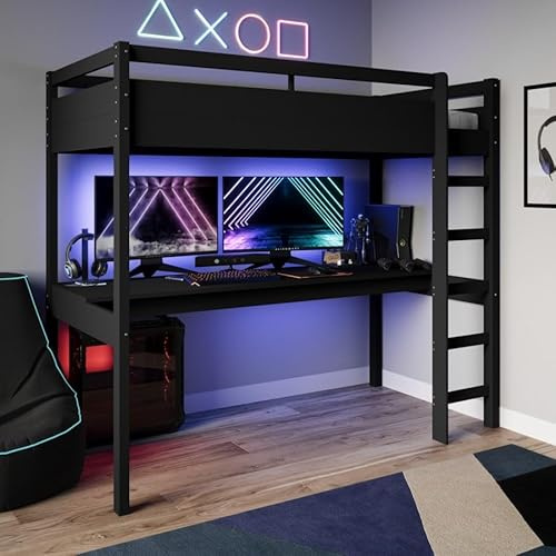 Luvon Wyatt High Sleeper Gaming Bed with Desk – Loft Bed Frame for Kids & Teens, Solid Pine, Black or White (BLACK)