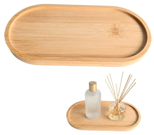 Merzio Bamboo Soap Dispenser Tray for Bathroom Countertop, Oval Wooden Tray Organiser for Kitchen Sink, Waterproof Small Vanity Tray for Jewellery, Rings, Candles