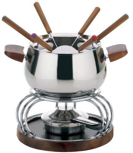 kela Fondue-Set Armata, Durchmesser 19,5 cm, 1,2 L, Edelstahl, Akazienholz, Topf, Rechaud, Sicherheitspastenbrenner, Spritzschutz, 6x Fonduegabeln, 66406