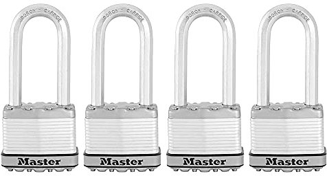 Master Lock M5XQLJCCSEN Candado de acero laminado Magnum de 2 anchos, 3/8 pulgadas de diámetro, espacio libre del grillete, paquete de 4, grillete de 1 pulgada