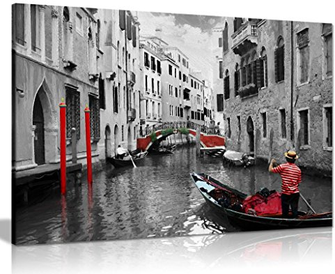 Venice Gondolas Black & White Red Canvas Wall Art Picture Print (12x8)
