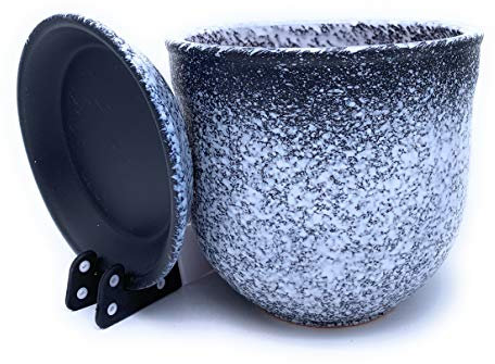 Sun Cakes Glazed Ceramic Plant Pot with Saucer Round Planter with Drip Tray Plant Pot Coloured Flowerpot Ring (20cm x 17cm, Black/White)