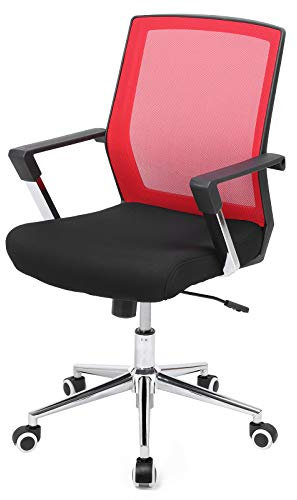 SONGMICS Bürostuhl mit Netzbezug, höhenverstellbarer Chefsessel, Schreibtischstuhl mit Wippfunktion, Drehstuhl mit gepolsterter Sitzfläche, Stahlgestell, verchromt, 120 kg, rot-schwarz, OBN83RD