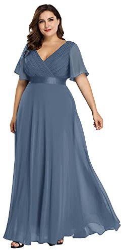 Ever-Pretty Women's Floor Length V Neck Short Sleeve A Line Chiffon Long Plus Size Evening Dresses Denim Blue 16UK