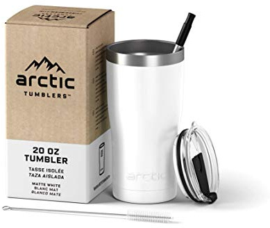 Arctic Tumblers | 20 oz Matte White Insulated Tumbler with Straw & Cleaner - Retains Temperature up to 24hrs - Non-Spill Splash Proof Lid, Double Wall Vacuum Technology, BPA Free & Built to Last