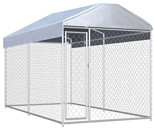 vidaXL Canile da Esterno con Tetto Robusto Sicuro con Serratura Box Gabbia Protezione Recinzione per Cani 382x192x225 cm in Acciaio Zincato Argento