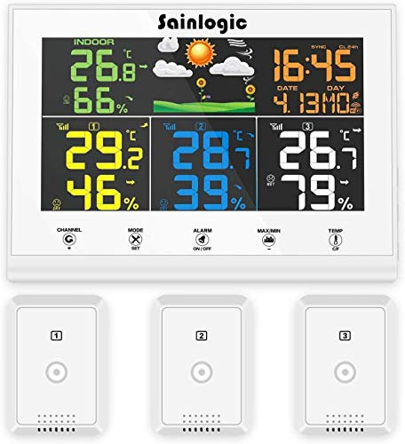 Sainlogic Stazione meteo radio con 3 sensori esterni, previsioni meteo, display a colori, termometro radio, igrometro con sensore esterno