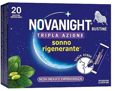 Novanight Tripla Azione Bustine, Magnesio, Melatonina per Dormire, Integratori per Dormire, Disturbi del Sonno - Senza Glutine, con Griffonia, Non Induce Dipendenza (20 Bst Gusto Camomilla e Agrumi)