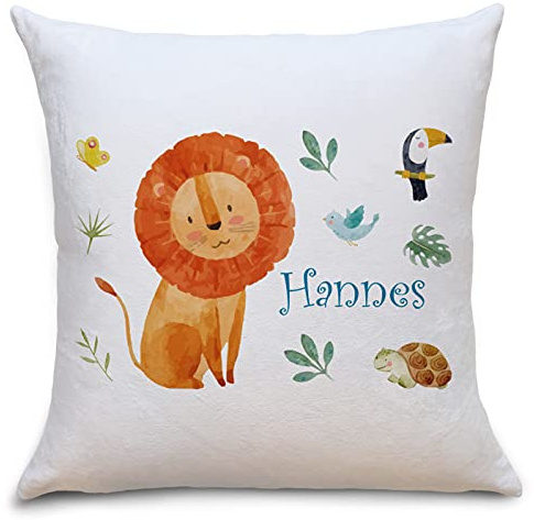 OWLBOOK Löwe Safari Tiere Flauschiges Kissen mit Füllung Personalisiert mit Namen Geschenke Geschenkideen für Geschwister zum Geburtstag Geburt Baby Mädchen