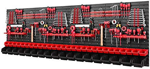 PAFEN Werkzeugwand Stapelboxen - 2304 x 780 mm - Lagersystem SET Werkzeughaltern und 46 Rot/Schwarz Boxen - Wandregal Werkstattregal Lochwand Schüttenregal Sichtlagerkästen