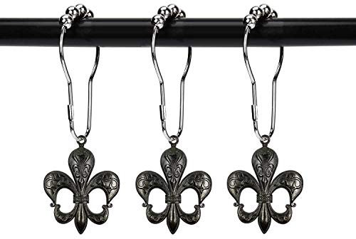 ZILucky Set mit 12 Haken für Duschvorhang, Motiv: Lilie, französische Lilie, königliche Heraldik, französisches Landhaus, schick, historischer Stil, dekorativ, aus Edelstahl, rostfrei (schwarz)