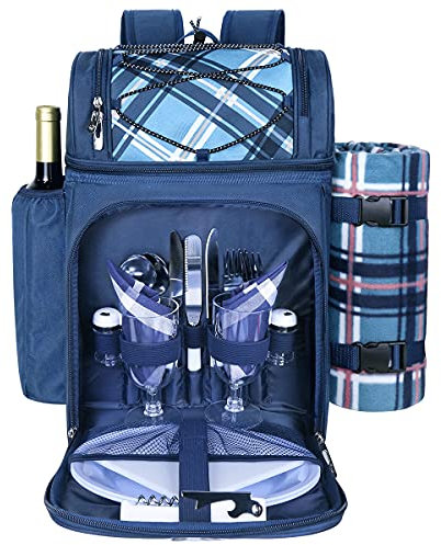 Hap Tim Picknickkorb Rucksack für 2 Personen mit isoliertem auslaufsicherem Kühlfach, Weinhalter, Fleecedecke, Besteckset, perfekt für Strand Camping Party (EU-36083-BL)