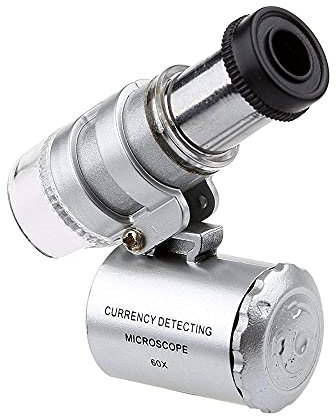 1 Stück Mini 60X Metall Lupe Mikroskop mit 3-LED Lichter, Tragbare Tasche Währung Detektor Lupe Taschenlupe Glas mit 1 x Ledertasche und 3 x LR1130 Batterien