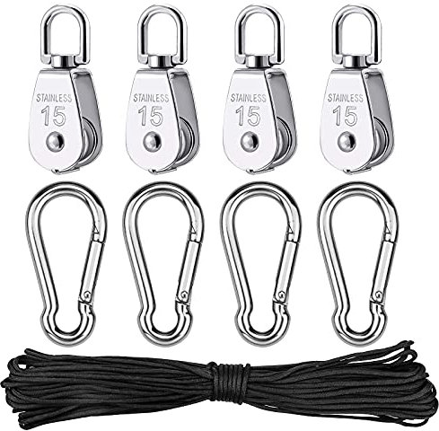 9 Pieces Single Pulley Block M15 Stainless Steel Rope Pulley with Carabiner Hook Clips for Crane -35kg/85lb