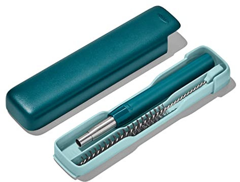 OXO 11343600 Collapsible Straw with Case Reusable, Stainless Steel, Blue