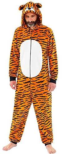 Just Essentials Mens Unisex Shark Tiger Fleece Onesie Hooded Jumpsuit UK Seller - Orange Tiger - X-Large
