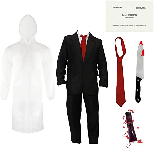 Patrick Bateman Kostüm für Erwachsene – Schwarzer Anzug, transparenter Regenmantel, Krawatte, Kunstmesser, Visitenkarte und Kunstblut – Herren Psycho American TV Film Charakter Halloween Verkleidung Kostüm