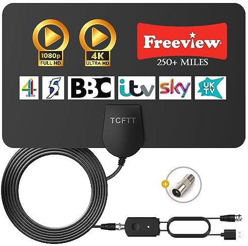 TCFTT Digital TV Aerial - 250+ Miles Long Range Amplified HD TV Antenna for Freeview 4K 1080P Local Channels with Booster & 13 ft Coax Cable