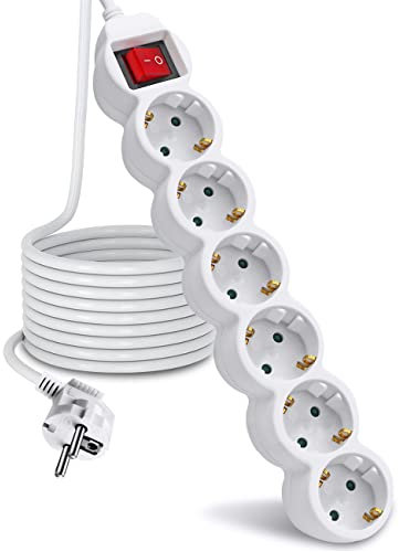 EXTRASTAR Regleta Alargador de 1.5 Metros con 6 Enchufes e Interruptor, para el hogar, Oficina y Viajes, Blanco 1Pc