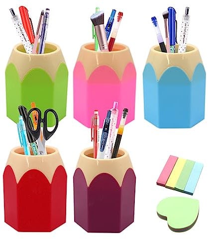 MAINOSHY 5 Pack Pencil Holder Cup, Plastic Pen Vase Pencil Pot Pencil Tip Design Desk Organiser Stationery Storage Multifunction Makeup Brush Vase Brush Pot with Sticky Notes for Home, Office
