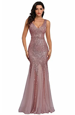 GIBZ Abito da Cerimonia con Paillettes a Sirena Donna Glitter Scollo a V Tubini Vestiti della Sera con Orlo in Tulle Eleganti, Rosa, M
