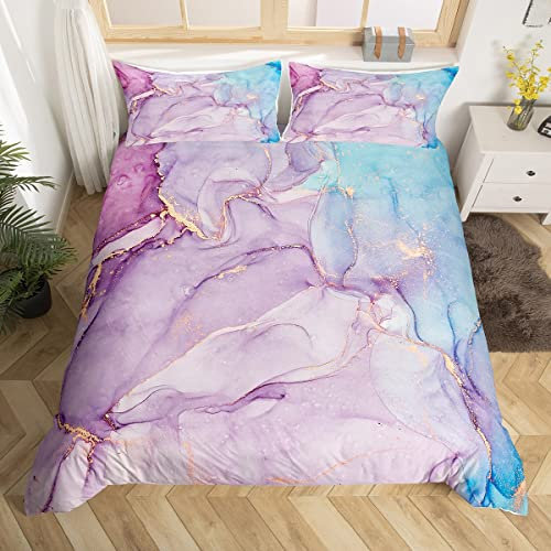 Marble Duvet Cover Set Single Size, Abstract Stone Texture Comforter Cover with 1 Pillowcase, Purple and Blue Marbling Bedding Set 2pcs for Kids Girls BedroomDecor Lightweight Bedspread Cover