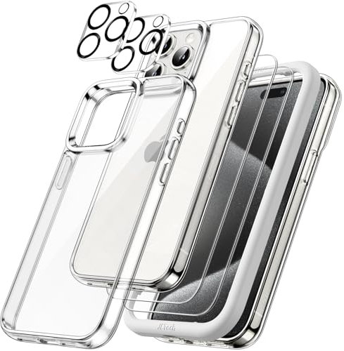 JETech 5 in 1 Case for iPhone 15 Pro Max 6.7-Inch with 2-Pack Each Tempered Glass Screen Protector and Camera Lens Protector, Non-Yellowing Shockproof Bumper Phone Cover (Clear)
