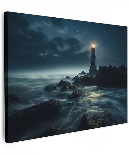 MuchoWow© Leinwand 80x60 cm Deko Schlafzimmer Aesthetic Leinwandbilder Wohnzimmer Gemälde Foto Geschenk Living Room Decoration Maritime - Leuchtturm - Meer - Nebel - Felsen - Maritim - Natur