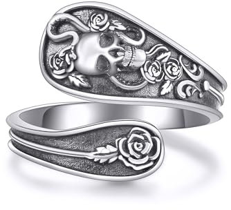 Totenkopf Ringe Sterling Silber Rosen Blumen Löffel Ringe Goth Verstellbarer Ring Halloween Schmuck Geschenke für Frauen Mädchen