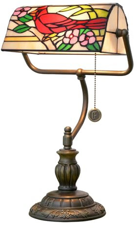 Blivuself Nördlicher Kardinal Vogel Tiffany Bankers Schreibtischlampe Buntglas Tischlampe Vintage Schlafzimmer Büro Studie Pull Kette Leseschreibtisch Licht Nachttisch Antike Schreibtischlampe