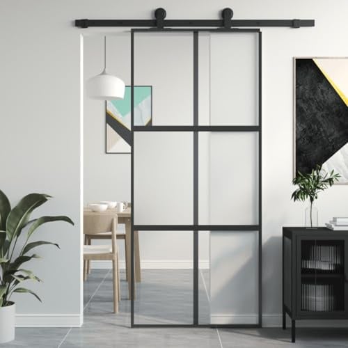 NITCA Porta Scorrevole Esterno Muro per Bagno, Cucina, Studio - Vetro Temperato e Alluminio, Nero, Tipo 2 90x205 cm