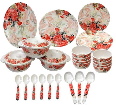 Generic Dinner Set Round Melamine Dinner Set 40 Pieces - Red & White, Printed Dinner Set for Kitchen, EQSZ-DINNERSET-FEB-192024010