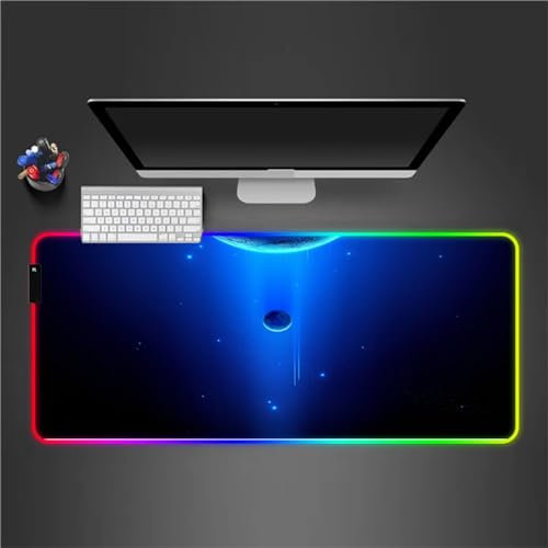 RGB Tapis de Souris Gaming Grand Tapis de Souris XXL 900x400x3mm 14 Modes d'éclairage LED Lumineuse Tapis de Souris Mouse Pad Rétroéclairage pour Gamer Clavier PC, Planète Bleue