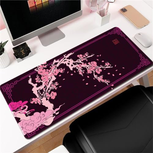 Hixingo Fleur de Prunier du Japon Tapis de Souris XXL, Tapis de Souris Gamer, Tapis Souris avec Bords Cousus, Tapis de Souris en Base Antidérapante Convient Gaming, Maison (900x400x3mm,Rose)