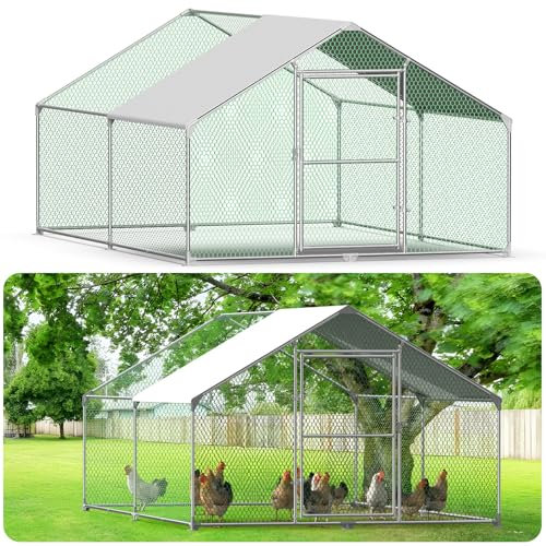 Kidsgigglz Freilaufgehege Hühnerstall,Hühnerkäfig mit Schloss、PVC-Beschichtetes Schatten Dach,Freigehege Aus Verzinktem Metall,Hühnergehege Voliere,Geflügelstall für Hühner Hasen Kleintiere,3X4M