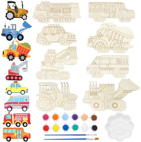 29 Stück Auto Bastelset Kit, Auto Holz Basteln Kindergeburtstag, Tier Bastelset Kit, Bastelset Tier für Kinder, Automobil Holz Bastelset mit 12 Farb 2 Stifte für DIY Kinder Malen Dekoration (A)