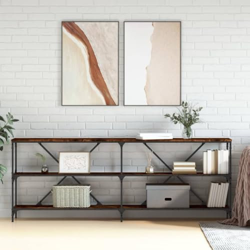 LAPOOH Table console en fer bois ingénierie chêne fumé 200 x 30 x 75 cm, table d'entrée, table d'entrée étroite, table basse de salon, table d'appoint, meuble d'entrée
